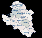 Mapa z podziałem na gminy, które są we właściwości terytorialnej Urzędu Skarbowego w Nowym Sączu