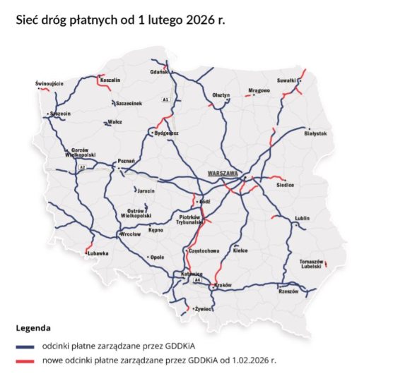 Sieć płatnych dróg od 1 lutego na mapie Polski
