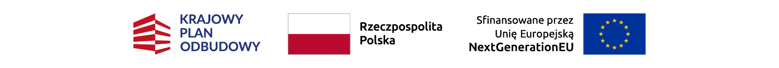 Logotyp Krajowego Planu Odbudowy, Flaga Rzeczpospolitej Polskiej oraz flaga Unii Europejskiej i napis sfinansowane przez Unię Europejską NextGenerationUE
