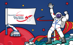 Kosmonauta z podniesioną ręką, łazik z flagą z napiesem Finansoaktywni, misja PODATKI, to się opłaca.