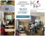 Kolaż zdjęć ze szkoleń w sali klasy szkolnej. Napis i logo: Krakowa Administracja Skarbowa. Napis: Urząd Skarbowy w Myślenicach realizuje projekt Młodzi Cyfrowi - 14 grudnia 2021 r.