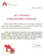 Tekst podziękowań Dyrekcji Biblioteki dla pracowników Urzędu Skarbowego w Myślenicach.