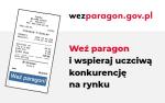 Grafika z paragonem, adresem strony wezparagon.gov.pl, napisem Weź paragon i wspieraj uczciwą konkurencję na rynku