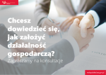 Chcesz dowiedzieć się jak założyć działalność gospodarczą - tekst na grafice z uściśniętymi dłońmi. 