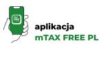 Czarni i zielony napis Aplikacja mTAX FREE PL na białym tlle.