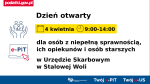 Na grafice napis: Dzień otwarty 4 kwietnia 9:00-14:00 dla osób z niepełną sprawnością, ich opiekunów i osób starszych w Urzędzie Skarbowym w Stalowej Woli