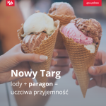 Zdjęcie przedstawiające dłonie w których znajdują się wafelki z lodami. W lewym dolnym rogu tekst: Nowy Targ. Lody+paragon= uczciwa przyjemność.