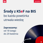 Grafika dekoracyjna, w tle płyta i napis Środy z KSeF na bis bo każda powtórka utrwala wiedzę