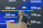 Grafika dekoracyjna, kobieta przy mównicy, w tle ekran multimedialny z wyświetloną prezentacją 