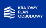 Grafika alternatywna na niebieskim tle biały napis Krajowy Plan Odbudowy i białe logo programu