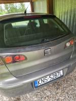 Samochód osobowy Seat Ibiza hatchback, kolor srebrny metalic, rok produkcji 2002, przebieg około 268 tysięcy km, na drzwiach bagażnika widoczna rdza.