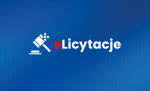 Grafika dekoracyjna przedstawiająca napis eLicytacje z białą ikoną młotka aukcyjnego po lewej stronie.