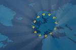 Symbol Unii Europejskiej na mapie Europy z motywem cyfrowym.