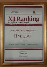 Dyplom Izba Skarbowa w Bydgoszczy drugie miejsce w klasyfikacji efektywność XII Ranking Urzędów Skarbowych Gazety Prawnej