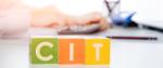 Napis na kolorowych klockach CIT a w tle rozmyty kalkulator i ludzkie dłonie.