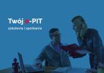 Mężczyzna i kobieta przeglądający dokumenty. Na niebieskim tle napis: Twój e-PIT - szkolenia i spotkania